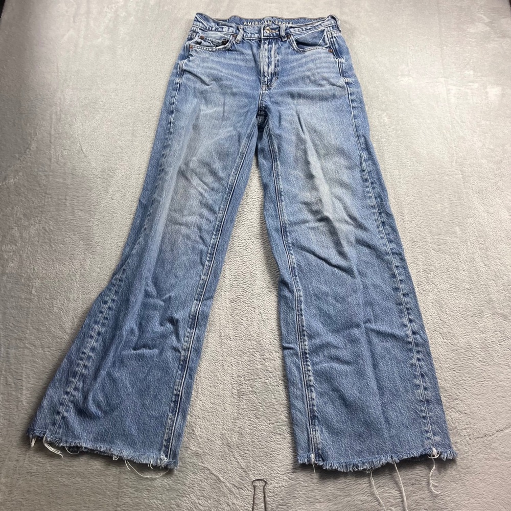 American Eagle Super‎ High-Rise Baggy Wide Leg Jeans Light Wash Blue Size 00 Reg